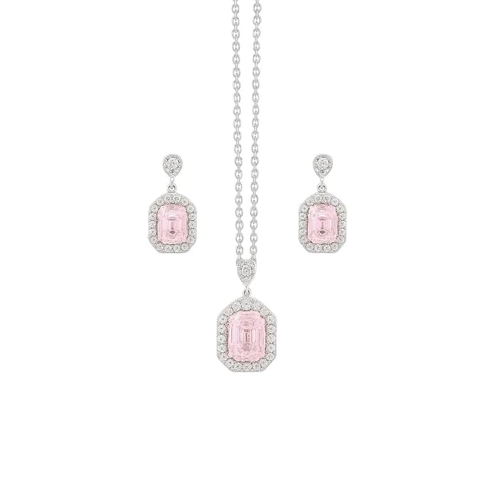 BRIA BY SAAR 925 Sterling Silver Pink Aquamarine Halo Necklace Set for Women | Romantic Pastel Gemstone Pendant & Matching Earrings | Sparkling Crystal Halo Fine Jewellery | Luxury Gift for Weddings & Anniversaries