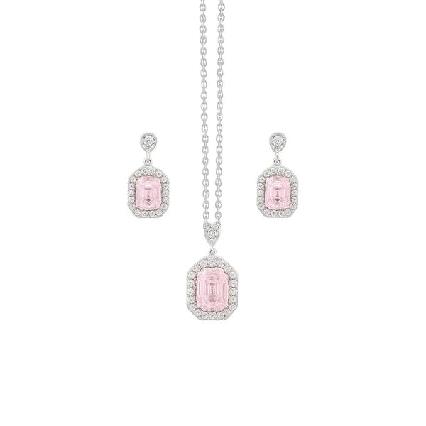 925 Sterling Silver Pink Aquamarine Halo Necklace Set for Women | Romantic Pastel Gemstone Pendant & Matching Earrings | Sparkling Crystal Halo Fine Jewellery | Luxury Gift for Weddings & Anniversaries