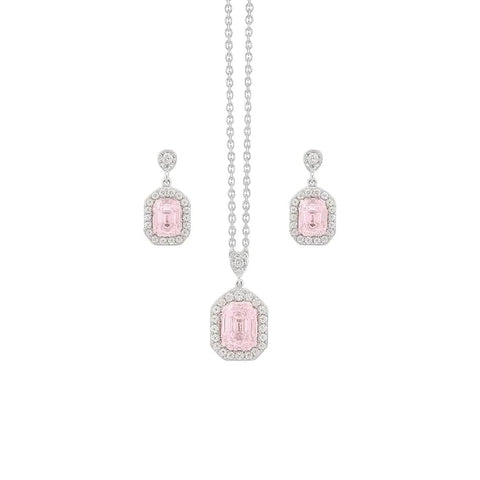 BRIA BY SAAR 925 Sterling Silver Pink Aquamarine Halo Necklace Set for Women | Romantic Pastel Gemstone Pendant & Matching Earrings | Sparkling Crystal Halo Fine Jewellery | Luxury Gift for Weddings & Anniversaries