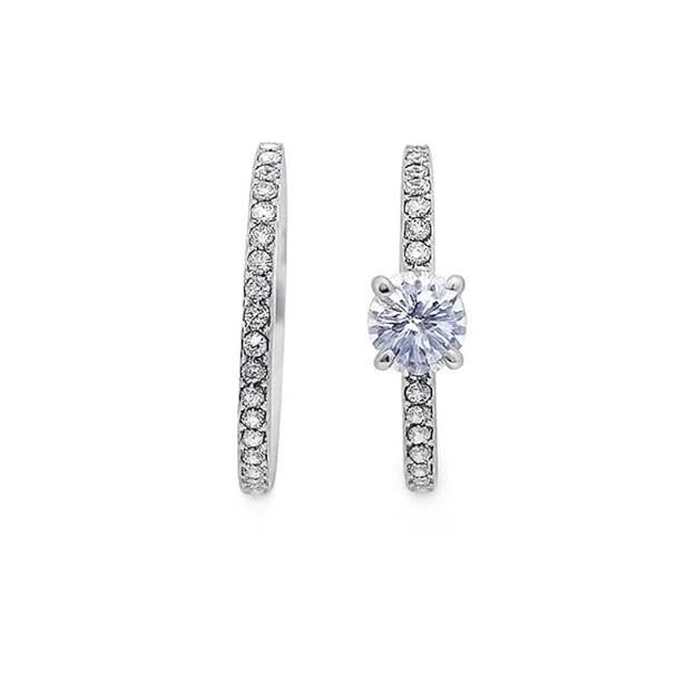 BRIA BY SAAR Silver-Plated CZ Engagement and Wedding Ring Set | Solitaire Round-Cut with Pavé Band | Elegant Bridal Proposal and Anniversary Jewellery for Women | 2-Piece Coordinated Set