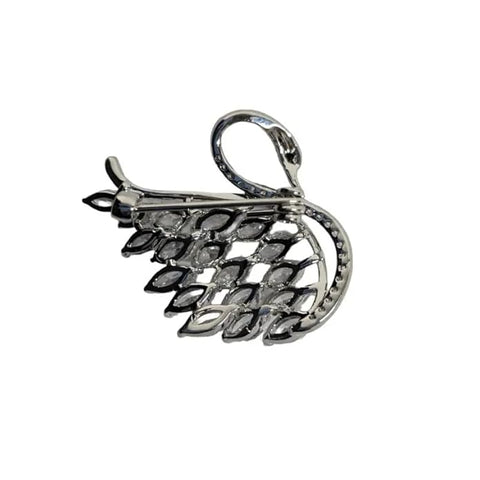 Bria By Saar Swan Shape Brooch Sterling Silver with Sparkling White Crystals with Diamond-Style Stones – Stylish Silver Bird Pin for Sarees, Gowns, Blazers & Special Occasions
