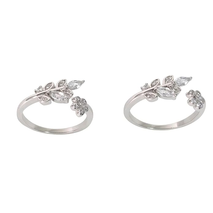 BRIA BY SAAR 925 Sterling Silver Adjustable Leaf & Flower Ring/Toe Ring with Sparkling CZ Stones for Women & Girls | Versatile Dual-Use Fine Jewellery (1 Pair)