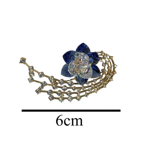 BRIA BY SAAR Luxury Swarovski Glass Crystal Flower Brooch | Elegant Blue Petal Pin with Golden Rhinestone Chains | Statement Fine Jewellery for Sarees, Gowns & Blazers
