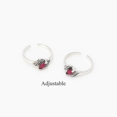 BRIA BY SAAR 925 Sterling Silver Finger Ring/Toe Ring with Pink Marcasite Stone – Adjustable Silver Floral Design for Women (1 Pair)
