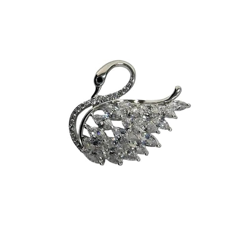 Bria By Saar Swan Shape Brooch Sterling Silver with Sparkling White Crystals with Diamond-Style Stones – Stylish Silver Bird Pin for Sarees, Gowns, Blazers & Special Occasions