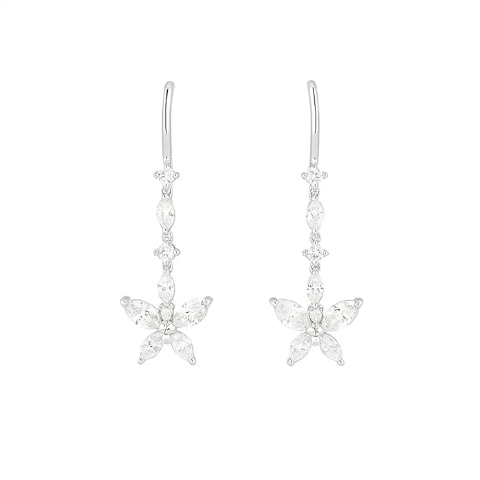 BRIA BY SAAR 925 Sterling Silver Floral Drop Earrings for Women | Brilliant Marquise-Cut CZ Stones in Botanical Cluster Design | Elegant Wedding, Bridal & Party Fine Jewellery | Hypoallergenic