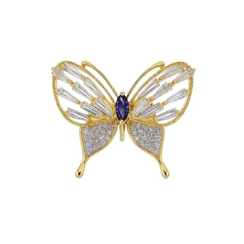 Bria By Saar Luxury Butterfly Brooch with Purple Gemstone Center & Sarwoski glass – Elegant Golden Finish Jewelry Pin for Women’s Party, Wedding, Festive & Formal Wear