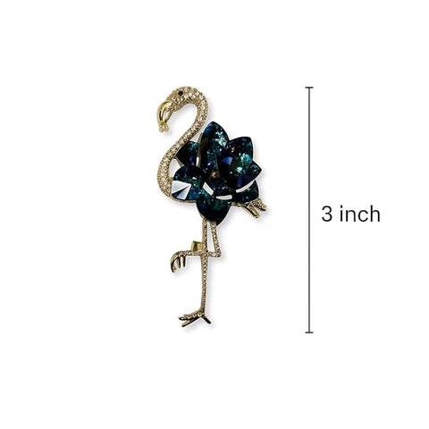 Flamingo Bird Brooch with Dark Blue Swarovski Glass Crystal Stones & Golden Finish – Elegant Design Pin for Women’s Party, Wedding, Festive & Formal Wear