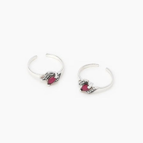 BRIA BY SAAR 925 Sterling Silver Finger Ring/Toe Ring with Pink Marcasite Stone – Adjustable Silver Floral Design for Women (1 Pair)