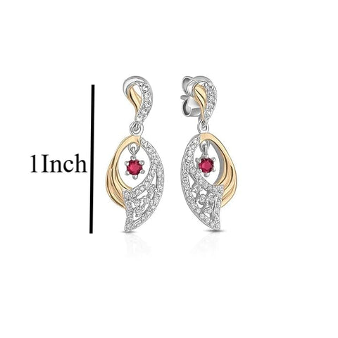 BRIA BY SAAR 925 Sterling Silver Dual-Tone Drop Earrings | Gold & Silver Geometric Finish with Red Crystal Floral Center | Elegant Festive & Party Jewellery