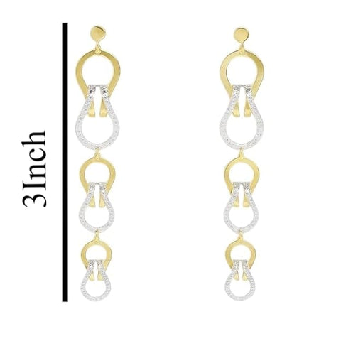 BRIA BY SAAR 925 Sterling Silver Long Dangle Earrings for Women | Dual-Tone Gold & Silver Interlinked Teardrop Design | Elegant Contemporary Statement Accessory for Parties & Weddings