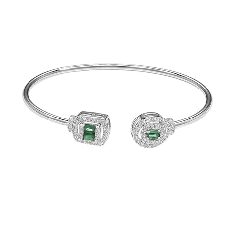 925 Silver Bracelet For Women & Girls | Elegant Open Cuff Design With Green Stone Accents | Stylish Pure Silver Wristwear Jewelry