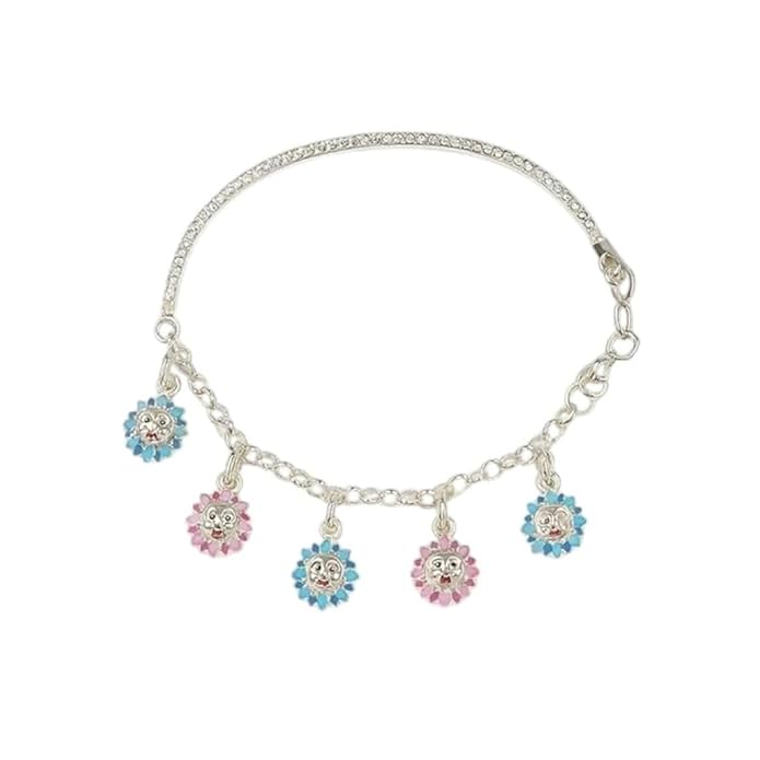 BRIA BY SAAR 925 Sterling Silver Adjustable Kids Bangles with Sun Face Charms | Multicolor Pink & Blue Design | Safe, Hypoallergenic Jewellery for Babies & Toddlers (Ages 0–5 Years)