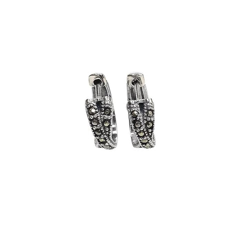 BRIA BY SAAR 925 Sterling Silver Marcasite Hoop Earrings for Women and Girls | Vintage-Inspired Antique Silver Hoops | Elegant Daily and Festive Wear Fine Jewellery | Hypoallergenic and Skin-Friendly