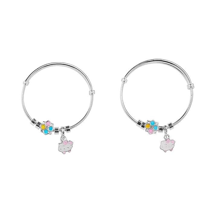 BRIA BY SAAR 925 Sterling Silver Kids Bangles | Cute Kitty & Multicolor Flower Charms | Safe & Adjustable Nazaria for Babies and Toddlers (Ages 0–5 Years) | 1 Pair (Set of 2)