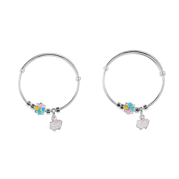 BRIA BY SAAR 925 Sterling Silver Kids Bangles | Cute Kitty & Multicolor Flower Charms | Safe & Adjustable Nazaria for Babies and Toddlers (Ages 0–5 Years) | 1 Pair (Set of 2)