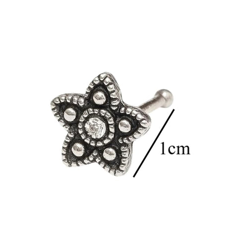 BRIA BY SAAR 925 Sterling Silver Oxidised Floral Nose Pin for Women and Girls | Antique Star Flower Design | Handcrafted Ethnic Tribal Nose Stud | Hypoallergenic Fine Jewellery