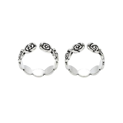 BRIA BY SAAR 925 Sterling Silver Adjustable Ring/Toe Ring for Women & Girls | Vintage Rose Band with Oxidized Antique Finish & Marcasite Detailing | Hypoallergenic Fine Jewelry Gift (1 Pair)