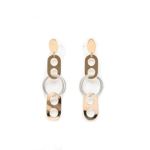 925 Sterling Silver Gold-Plated Geometric Dangle Earrings for Women | Dual-Tone Oval & Silver Textured Circle Long Drop Design | Modern Party & Festive Jewelry