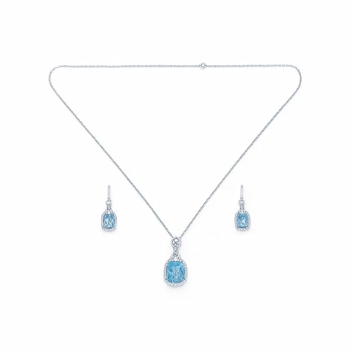 BRIA BY SAAR 925 Sterling Silver Turquise color Necklace Set aquamarine halo Necklace set with matching pendant and earrings – elegant crystal-accented design for women and girls