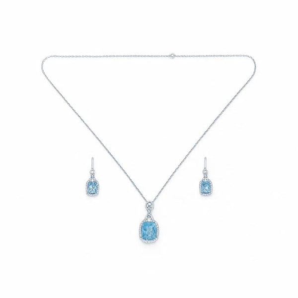 925 Sterling Silver Turquise color Necklace Set aquamarine halo Necklace set with matching pendant and earrings – elegant crystal-accented design for women and girls