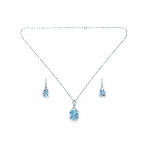 BRIA BY SAAR 925 Sterling Silver Turquoise Aquamarine Halo Necklace Set for Women | Elegant Crystal-Accented Pendant & Matching Earrings | Luxury Fine Jewellery Gift for Weddings & Festive Occasions
