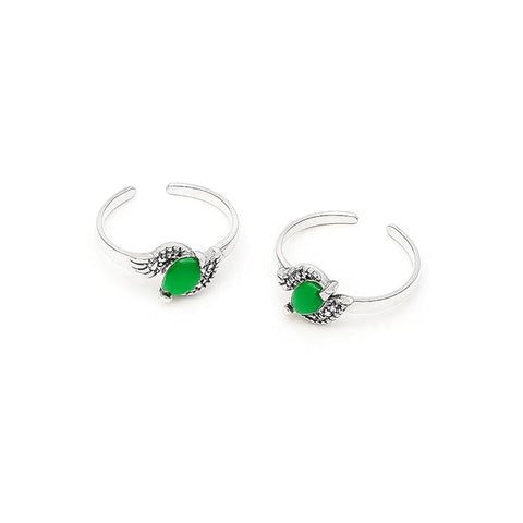 BRIA BY SAAR 925 Sterling Silver Finger Ring/Toe Ring with Green Marcasite Stone – Adjustable Silver Floral Design for Women (1 Pair)