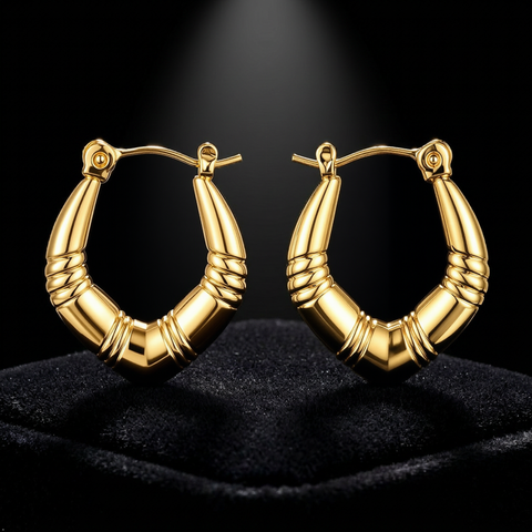 Anti-Tarnish Stainless Steel Chunky Bamboo V-Hoop Earrings | Gold Textured Geometric Tapered Hoops For Women | Water-Resistant Everyday Minimalist Luxury Jewelry