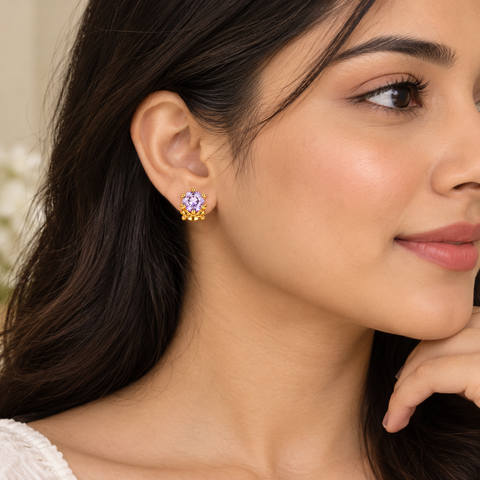 Gold Plated Purple Cubic Zirconia Stud Earrings for Women
