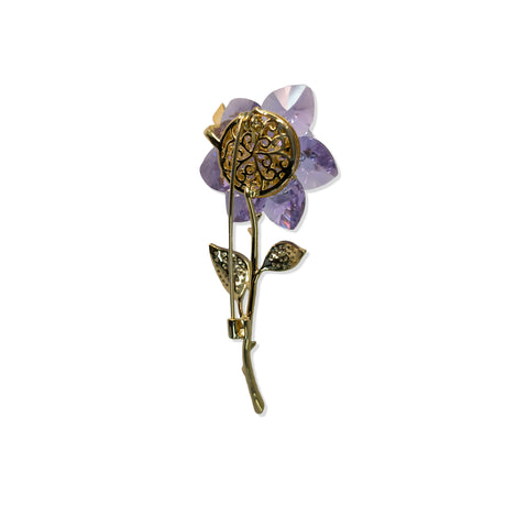Lavender Crystal Rose Brooch with Gold Stem & Pave Leaf Detailing