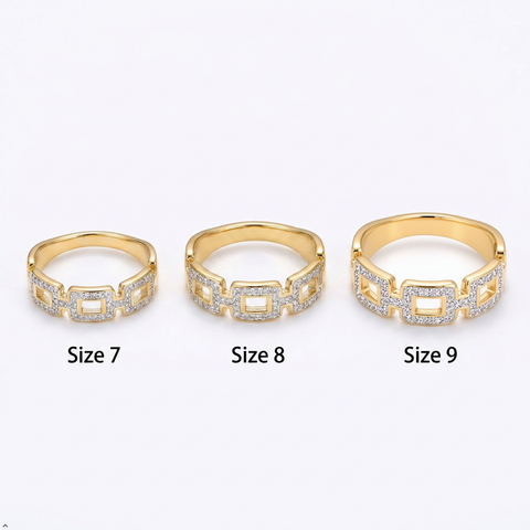 Bria By Saar Stainless Steel Golden Geometric Link Ring With Cubic Zirconia For Women | Gold-Plated Statement Finger Ring | Stylish Anti-Tarnish Fashion Jewellery For Daily Wear, Party & Gifting | (Size- 7)