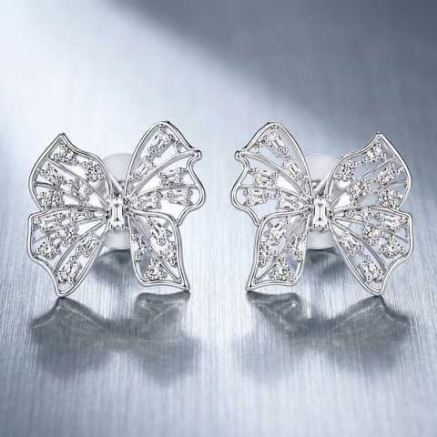 Anti-Tarnish Stainless Steel Silver Crystal Bow Stud Earrings | Baguette & Round Rhinestone Openwork Butterfly Earrings For Women | Water-Resistant Luxury Statement Jewelry Gift