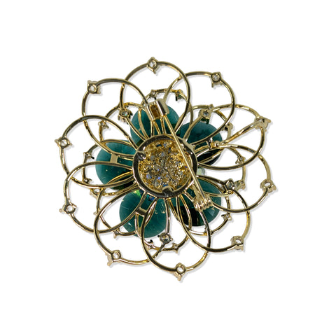 Elegant Peacock Flower Brooch – Gold Finish with Blue Gemstones & Crystal