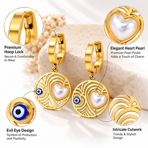Gold Plated Heart Pearl Earrings for Women, Stainless Steel