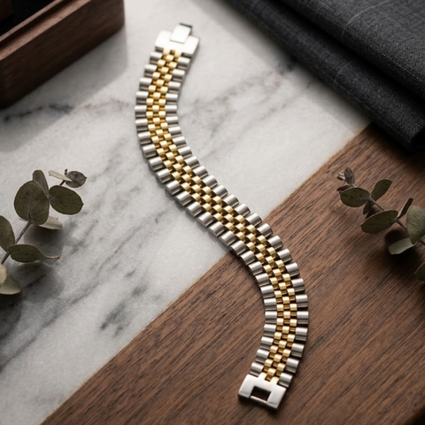 Bria By Saar Stainless Steel Presidential Watch Band Bracelet For Men | Premium Glossy Finish Adjustable Link Bracelet | Anti-Tarnish Fashion Jewellery For Daily Wear, Party & Gifting