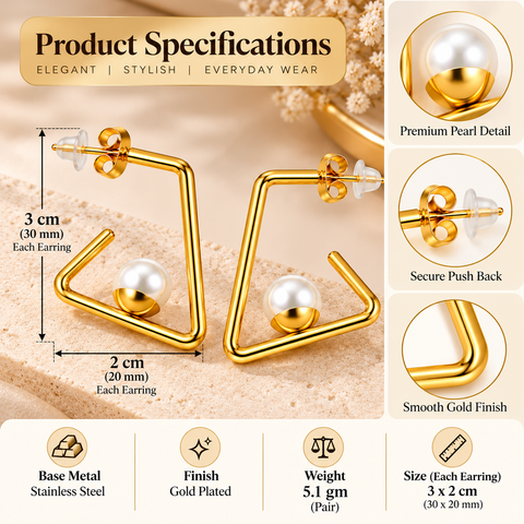Gold Plated Square Pearl Drop Earrings for Women, Stainless Steel