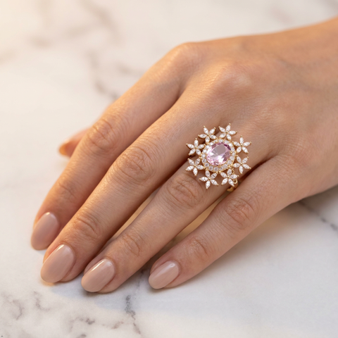 Bria By Saar Stainless Steel Golden Geometric Link Ring With Cubic Zirconia For Women | Gold-Plated Statement Finger Ring | Stylish Anti-Tarnish Fashion Jewellery For Daily Wear, Party & Gifting | (Size- 9)