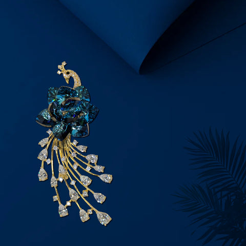 Exquisite Peacock Brooch with Blue Gemstone Petals & Cascading Crystal Tail