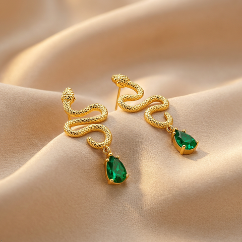 Anti-Tarnish Stainless Steel Textured Snake Drop Earrings | Gold Serpentine Dangle With Emerald Green Teardrop Crystal For Women | Water-Resistant Edgy Luxury Jewelry