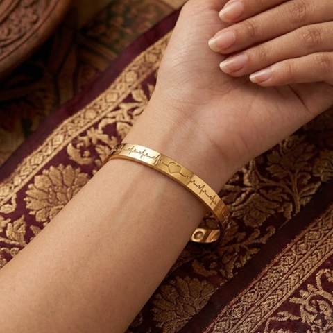 Bria By Saar Stainless Steel Golden Adjustable Gold Plated Kada Bracelet With Greek Key Pattern For Women | Premium Anti-Tarnish Open Cuff Bracelet | Stylish Daily Wear Fashion Jewellery  Gifting
