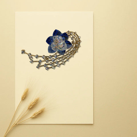 Midnight Aurora Brooch – Sapphire Blue with Crystal Petals and Chain Sparkle