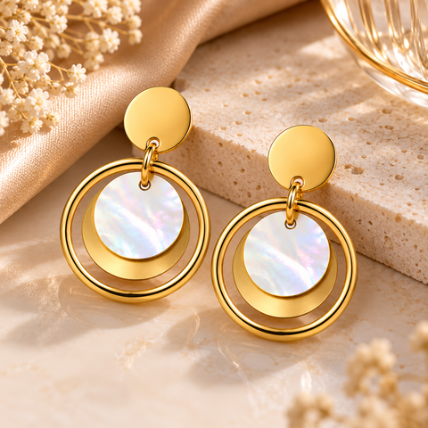 Gold Plated Circular Drop Earrings for Women with Resin and Shell Inlay