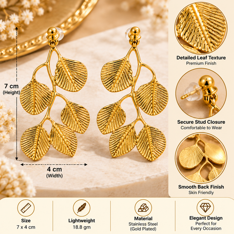 Gold Plated Teardrop Leaf Dangle Earrings for Women