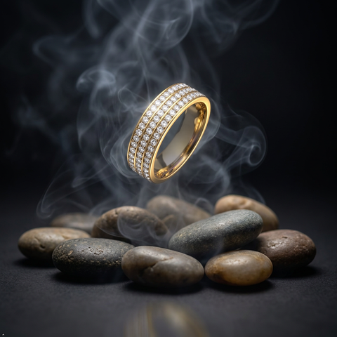 Bria By Saar Stainless Steel Golden Cubic Zirconia Gold-Plated Ring For Men & Women | Premium Crystal Studded Fashion Band | Anti-Tarnish Stylish Daily Wear Jewellery Gift | (Size- 7)