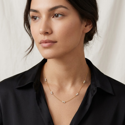 Bria By Saar 18K Gold Station Necklace With Clover Charm Chain For Men & Women | Premium Glossy Finish Anti-Tarnish Necklace | Stylish Daily Wear Fashion Jewellery For Party, Casual & Gifting