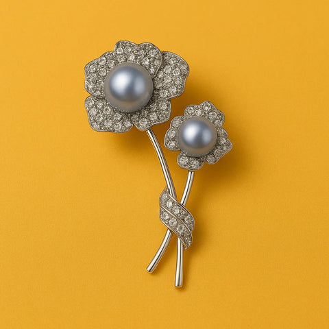 Elegant Floral Silver Hair Clip with Pearls and Pave Cubic Zirconia
