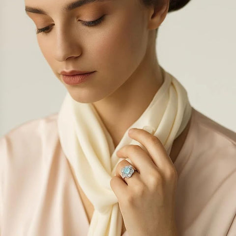 BRIA BY SAAR 925 Silver Aquamarine Halo Ring with Pave Crystal Detailing – Elegant Adjustable Engagement Jewelry Gift for Wife & Girlfriend