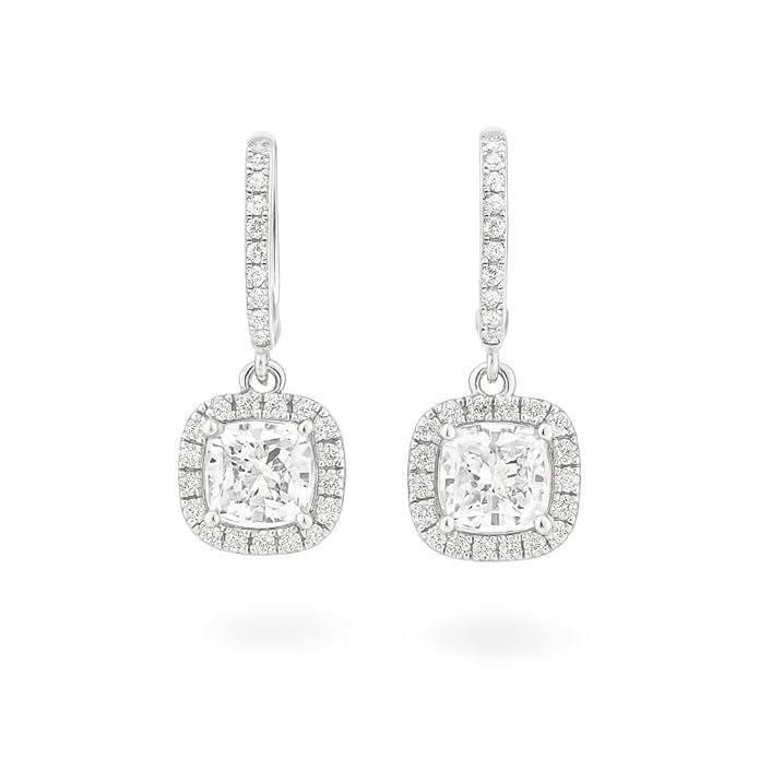 BRIA BY SAAR 925 Sterling Silver Cushion-Cut Drop Earrings for Women | Sparkling CZ Halo Dangle Design | High-Brilliance Luxury Wedding & Party Fine Jewellery | Hypoallergenic