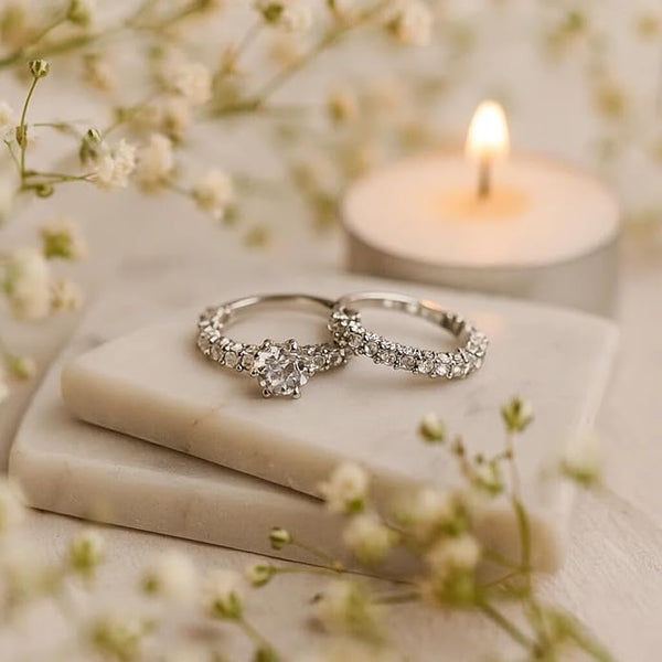 BRIA BY SAAR Elegant Silver-Plated Eternity Engagement & Wedding Ring Set for Women | Round-Cut CZ Solitaire with Matching Eternity Band | Classic Bridal & Anniversary Jewellery Gift | 2-Piece Set