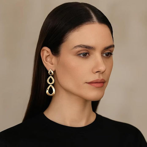 BRIA BY SAAR 925 Sterling Silver Gold-Plated Long Drop Earrings | Triple Teardrop Interlinked Dangle Design | Elegant Fine Jewellery for Parties & Weddings